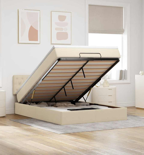 Ottomane Bett mit Matratze & LEDs Creme 140x200 cm Stoff