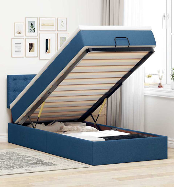 Ottoman-Bett mit Matratze & LEDs Blau 90x190 cm Stoff