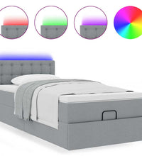 Ottomane Bett mit Matratze & LEDs Hellgrau 90x200 cm Stoff