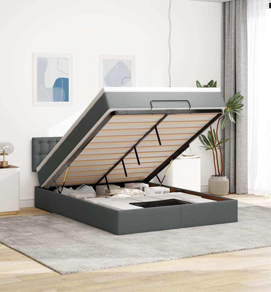 Ottomane Bett mit Matratze & LEDs Dunkelgrau 140x200 cm Stoff