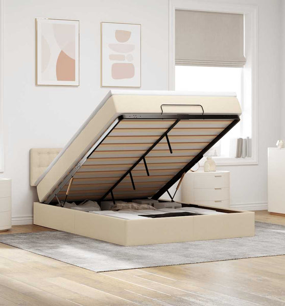 Ottomane Bett mit Matratze & LEDs Creme 140x200 cm Stoff