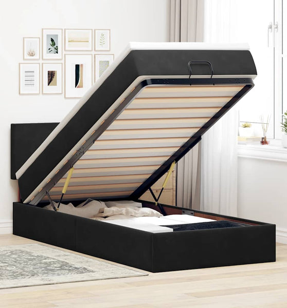 Ottoman-Bett mit Matratze & LEDs Schwarz 90x190 cm Samt