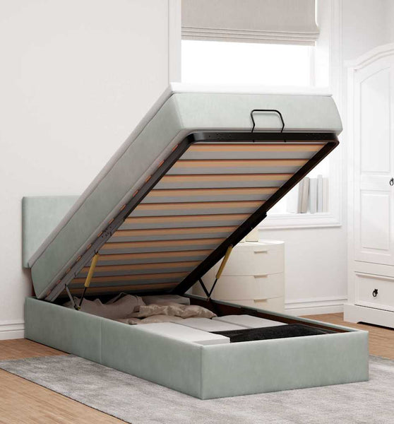 Ottoman-Bett mit Matratze & LEDs Hellgrau 90x200 cm Samt