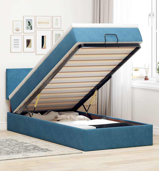 Ottoman-Bett mit Matratze & LEDs Dunkelblau 90x200 cm Samt