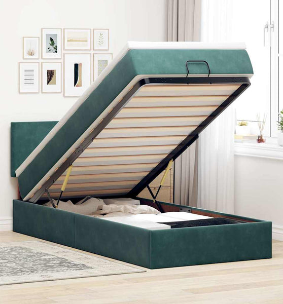 Ottoman-Bett mit Matratze & LEDs Dunkelgrün 100x200 cm Samt