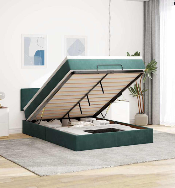 Ottoman-Bett mit Matratze & LEDs Dunkelgrün 140x200 cm Samt