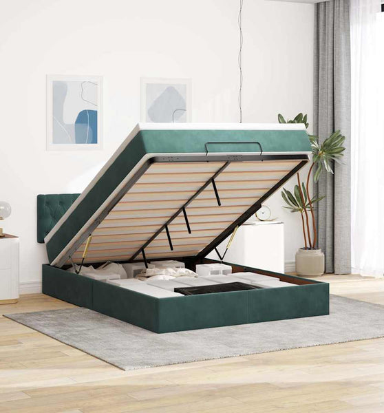 Ottoman-Bett mit Matratze & LEDs Dunkelgrün 140x200 cm Samt