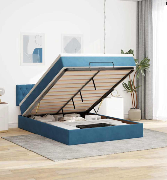 Ottoman-Bett mit Matratze & LEDs Dunkelblau 140x200 cm Samt