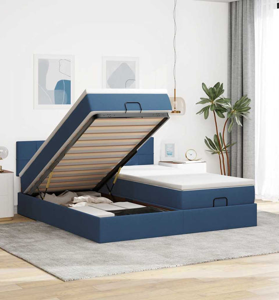 Ottoman-Bett mit Matratzen & LEDs Blau 160x200 cm Stoff