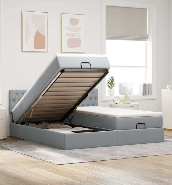 Ottoman-Bett mit Matratzen & LEDs Hellgrau 200x200 cm Stoff