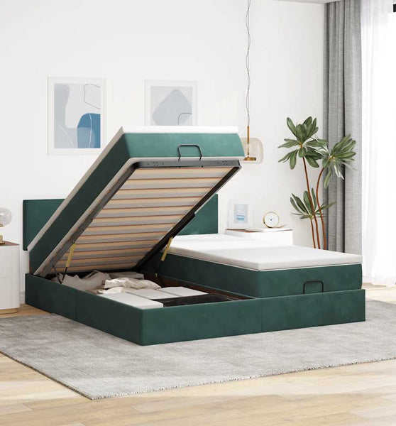 Ottoman-Bett mit Matratzen & LEDs Dunkelgrün 180x200 cm Samt