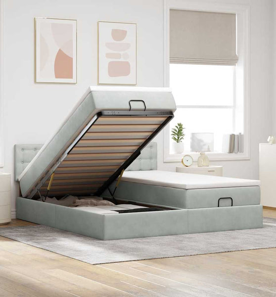 Ottoman-Bett mit Matratzen & LEDs Hellgrau 200x200 cm Samt