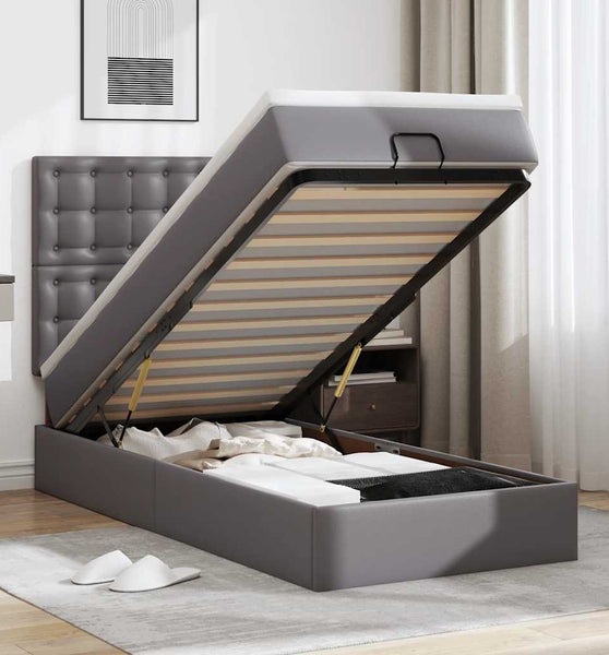 Ottoman-Bett mit Matratze Grau 90x190 cm Kunstleder