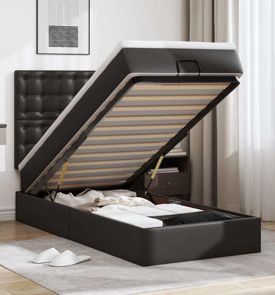 Ottoman-Bett mit Matratze & LEDs Schwarz 90x190 cm Kunstleder