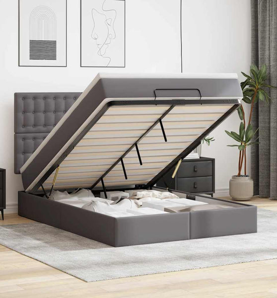 Ottoman-Bett mit Matratze & LEDs Grau 140x200 cm Kunstleder