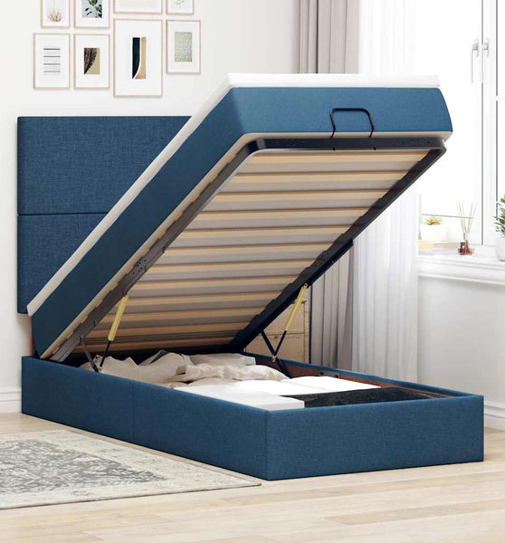 Ottoman-Bett mit Matratze & LEDs Blau 90x190 cm Stoff