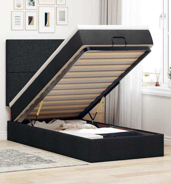 Ottoman-Bett mit Matratze & LEDs Schwarz 100x200 cm Stoff