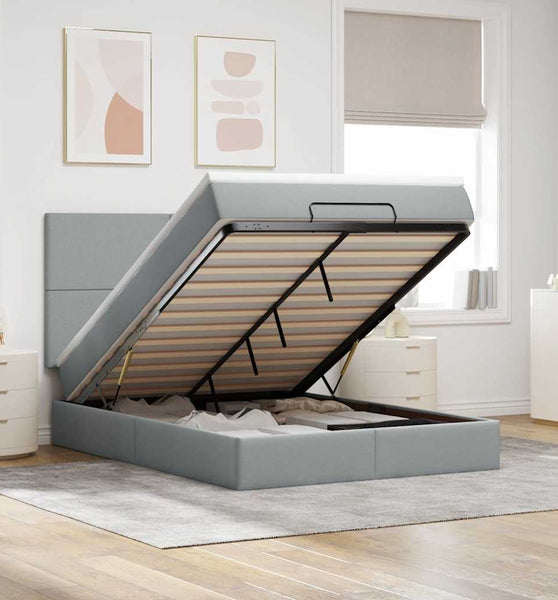 Ottoman-Bett mit Matratze & LEDs Hellgrau 140x200 cm Stoff