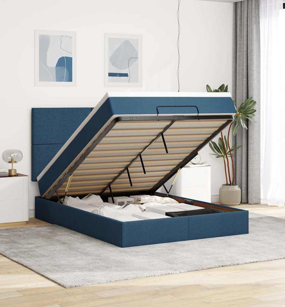 Ottoman-Bett mit Matratze & LEDs Blau 140x200 cm Stoff