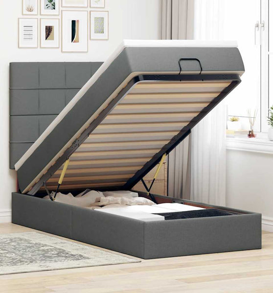 Ottoman-Bett mit Matratze & LEDs Dunkelgrau 90x190 cm Stoff