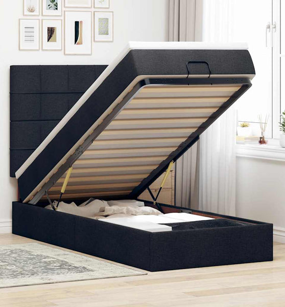 Ottoman-Bett mit Matratze & LEDs Schwarz 90x190 cm Stoff