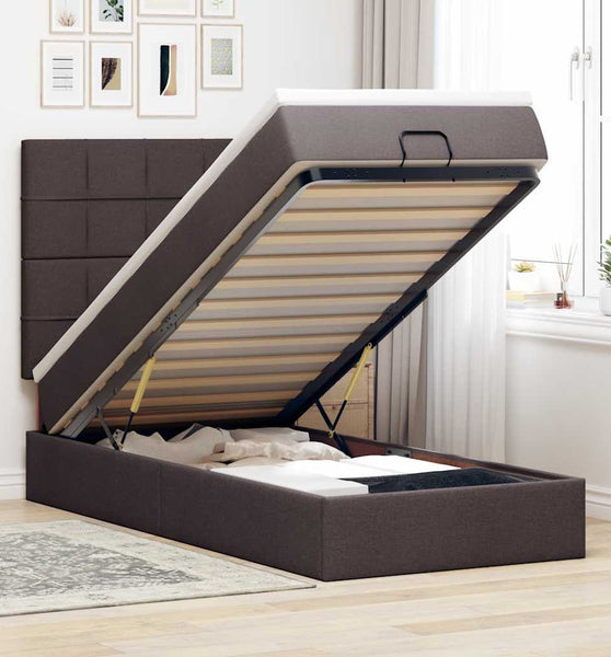 Ottomane Bett mit Matratze & LEDs Dunkelbraun 90x200 cm Stoff