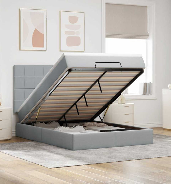 Ottoman-Bett mit Matratze & LEDs Hellgrau 140x200 cm Stoff
