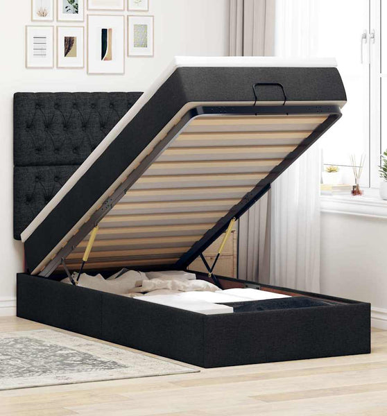 Ottoman-Bett mit Matratze & LEDs Schwarz 90x190 cm Stoff