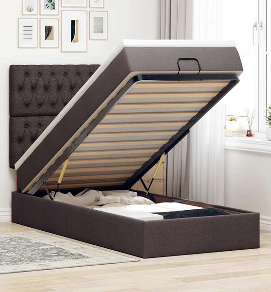 Ottoman-Bett mit Matratze & LEDs Dunkelbraun 90x190 cm Stoff