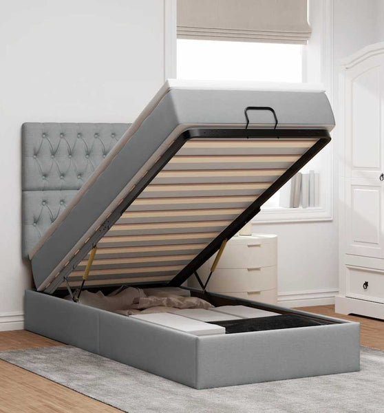 Ottomane Bett mit Matratze & LEDs Hellgrau 90x200 cm Stoff