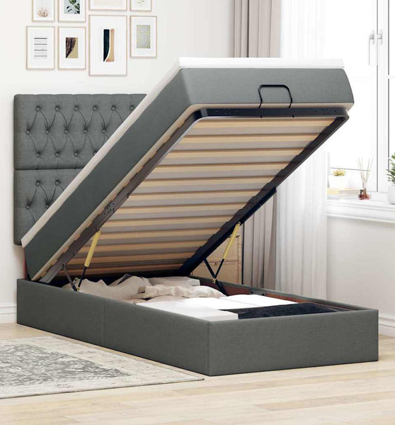 Ottomane Bett mit Matratze & LEDs Dunkelgrau 90x200 cm Stoff