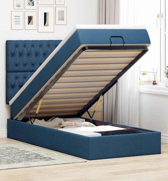 Ottomane Bett mit Matratze & LEDs Blau 90x200 cm Stoff