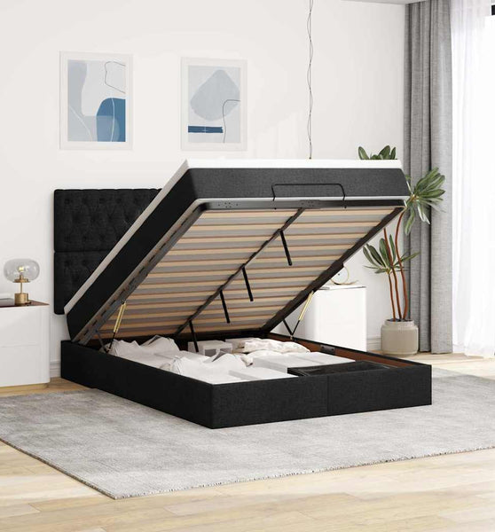 Ottoman-Bett mit Matratze & LEDs Schwarz 140x200 cm Stoff