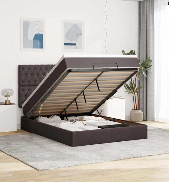 Ottoman-Bett mit Matratze & LEDs Dunkelbraun 140x200 cm Stoff