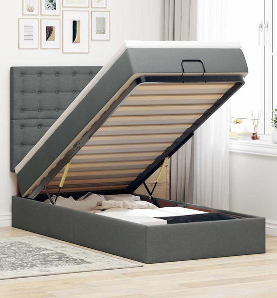 Ottoman-Bett mit Matratze & LEDs Dunkelgrau 90x190 cm Stoff