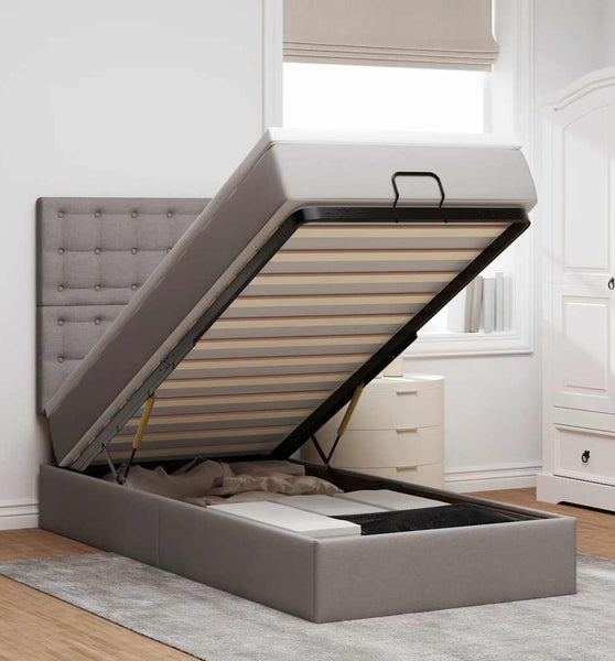 Ottomane Bett mit Matratze & LEDs Taupe 90x200 cm Stoff