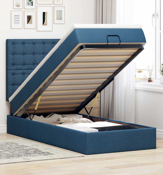 Ottomane Bett mit Matratze & LEDs Blau 90x200 cm Stoff