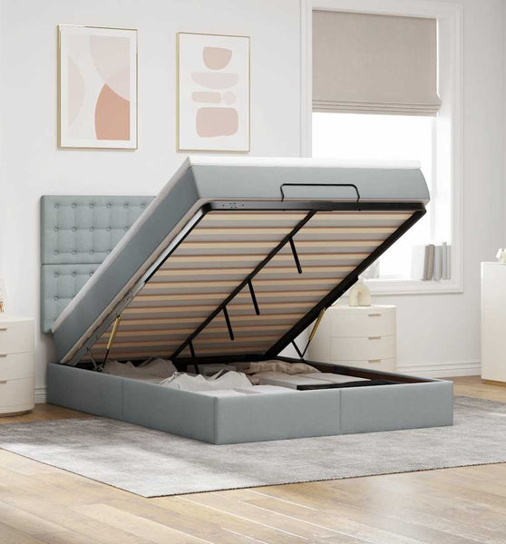 Ottoman-Bett mit Matratze & LEDs Hellgrau 140x200 cm Stoff