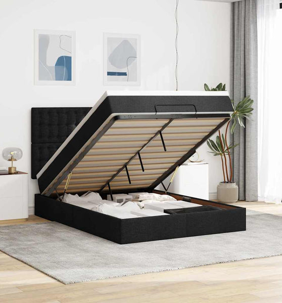 Ottoman-Bett mit Matratze & LEDs Schwarz 140x200 cm Stoff