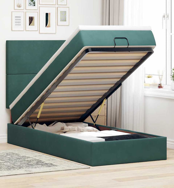 Ottoman-Bett mit Matratzen & LEDs Dunkelgrün 90x200 cm Samt