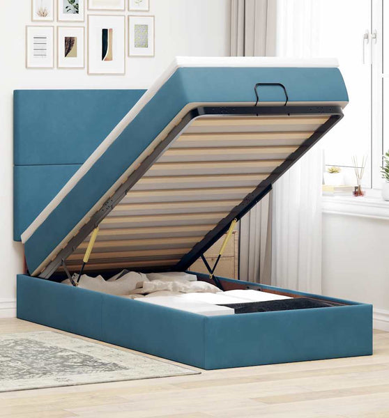 Ottoman-Bett mit Matratzen & LEDs Dunkelblau 90x200 cm Samt