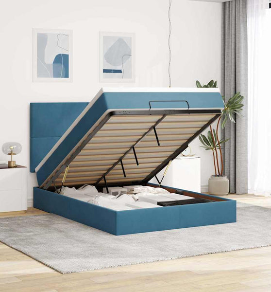 Ottoman-Bett mit Matratzen & LEDs Dunkelblau 140x200 cm Samt