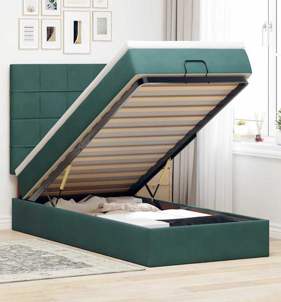 Ottoman-Bett mit Matratzen & LEDs Dunkelgrün 90x200 cm Samt