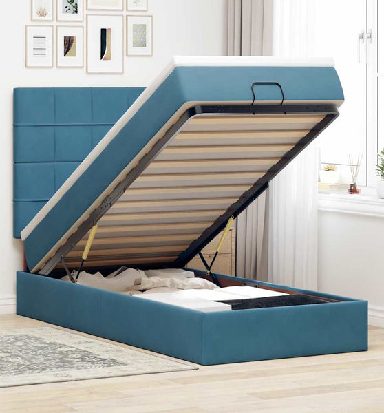 Ottoman-Bett mit Matratzen & LEDs Dunkelblau 90x200 cm Samt
