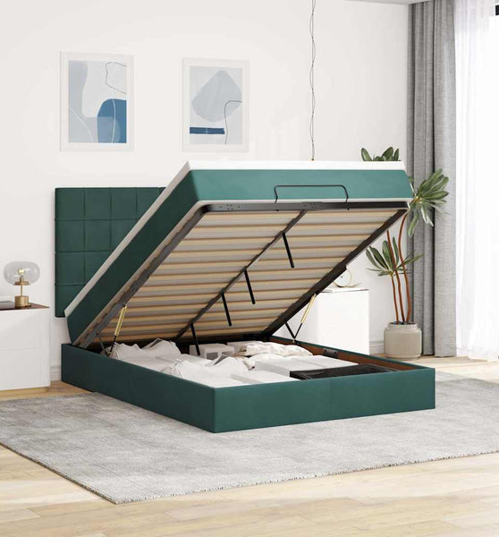 Ottoman-Bett mit Matratzen & LEDs Dunkelgrün 140x200 cm Samt