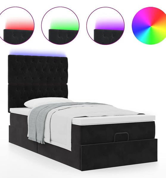 Ottoman-Bett mit Matratzen & LEDs Schwarz 100x200 cm Samt