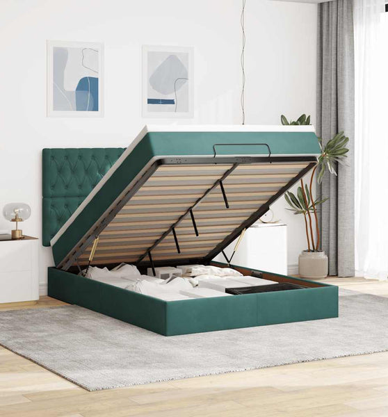 Ottoman-Bett mit Matratzen & LEDs Dunkelgrün 140x200 cm Samt