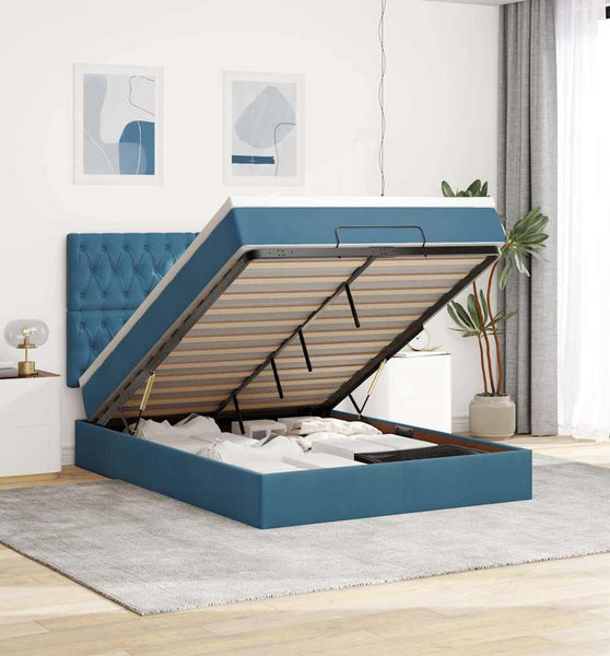 Ottoman-Bett mit Matratzen & LEDs Dunkelblau 140x200 cm Samt