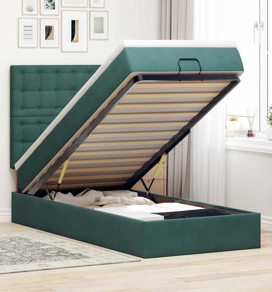 Ottoman-Bett mit Matratzen & LEDs Dunkelgrün 80x200 cm Samt