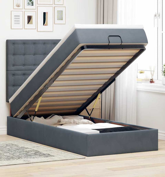 Ottoman-Bett mit Matratzen & LEDs Dunkelgrau 90x200 cm Samt